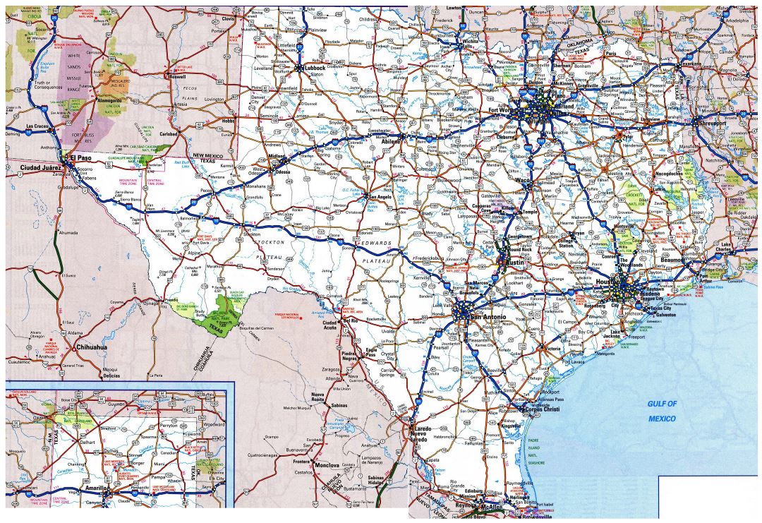 Large detailed roads and highways map of Texas state with all cities and national parks