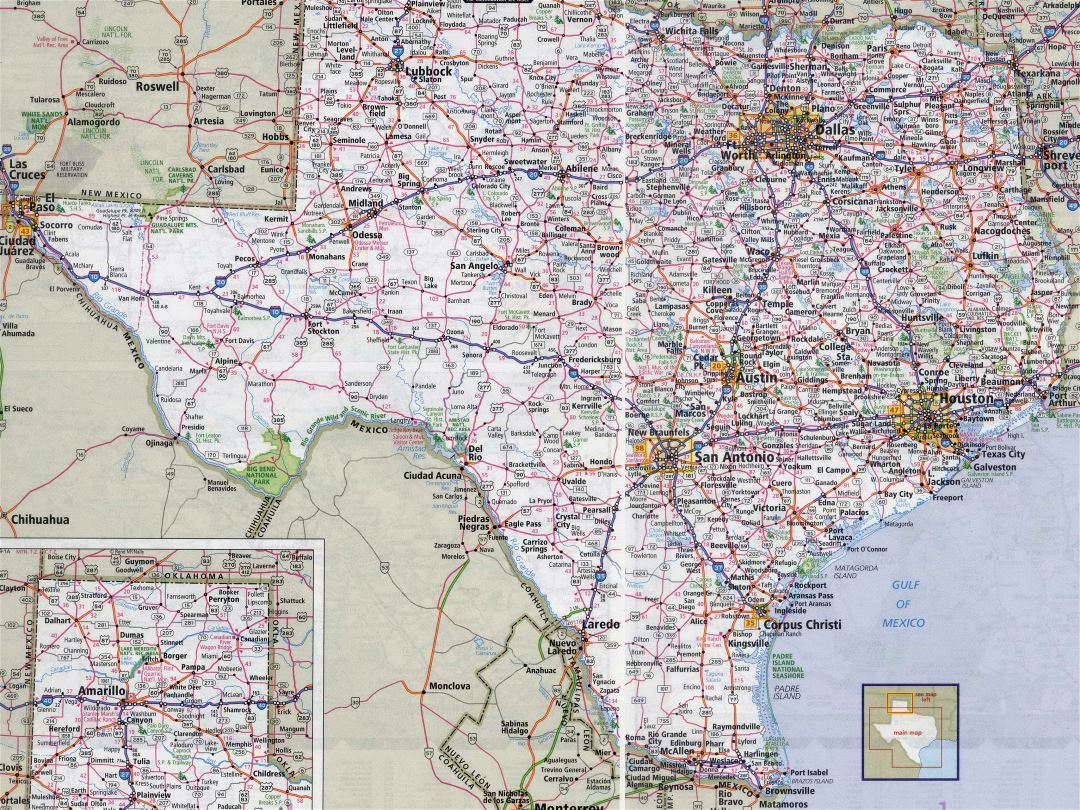 Large detailed roads and highways map of Texas state with all cities