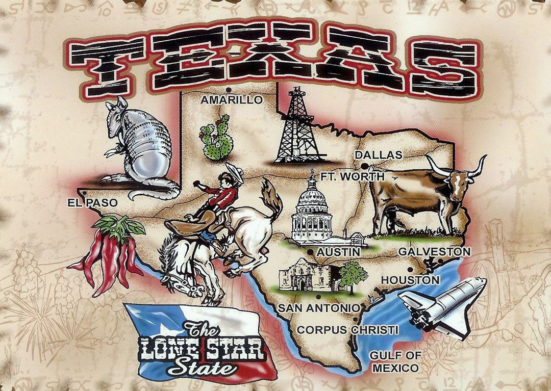 Large illustrated map of Texas state