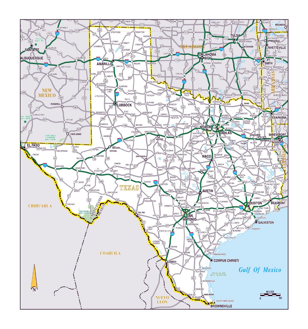 Large roads and highways map of the state of Texas