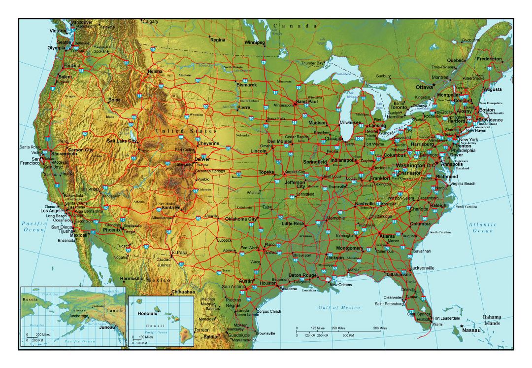 Topographical map of the USA with highways and major cities