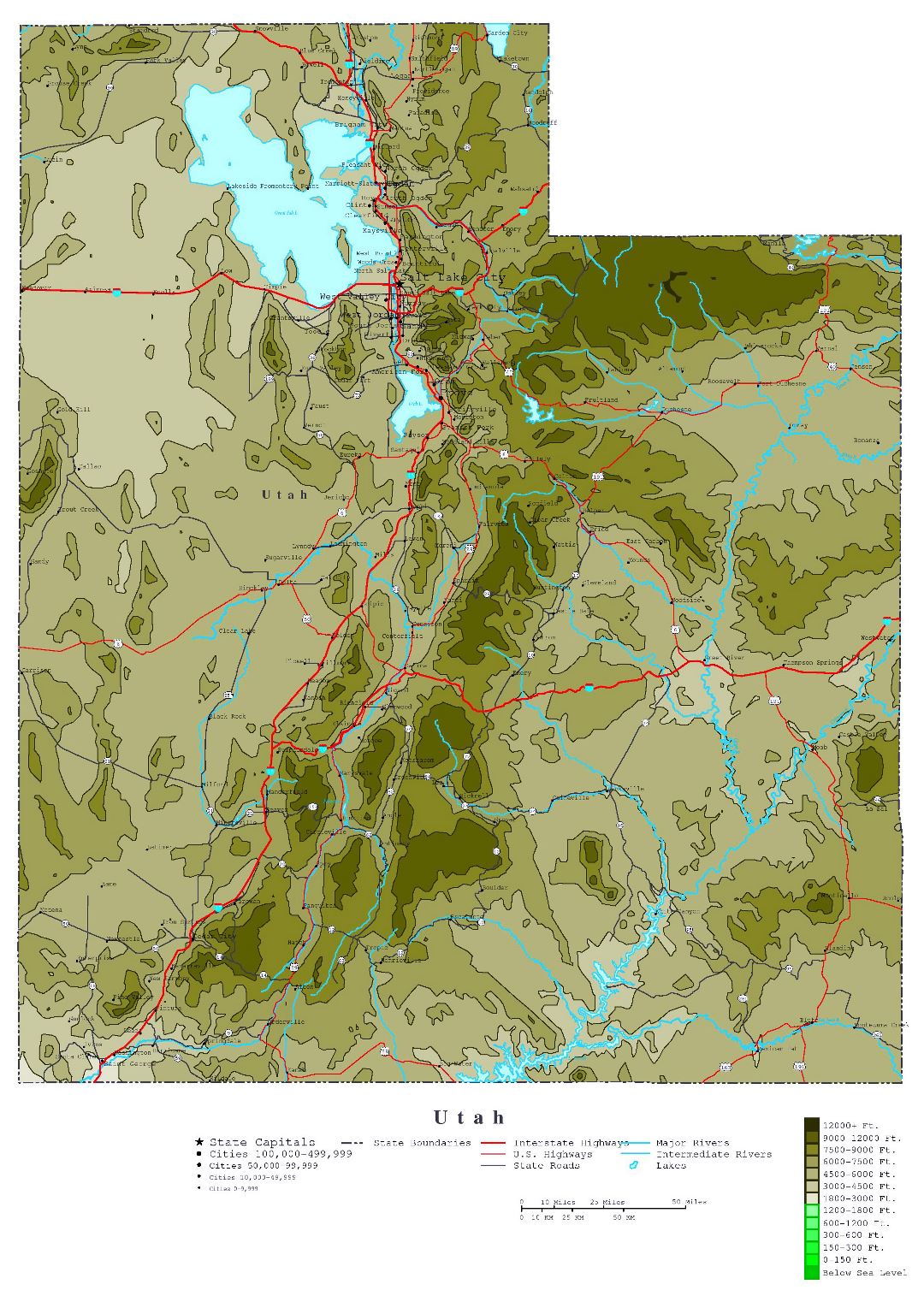 Large detailed elevation map of Utah state with roads, highways and cities