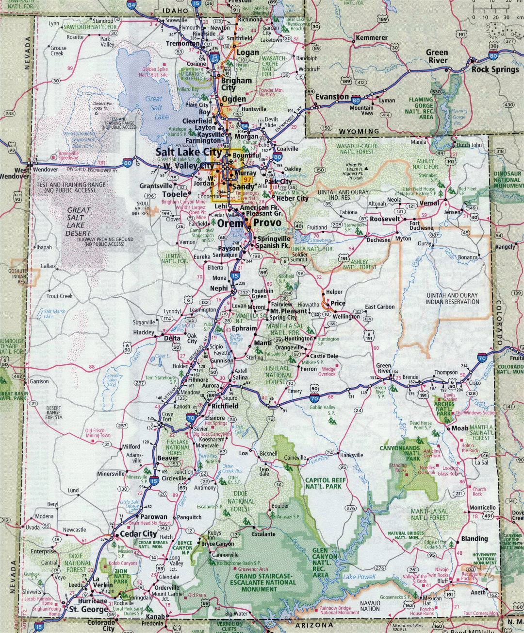 Large detailed roads and highways map of Utah state with all cities