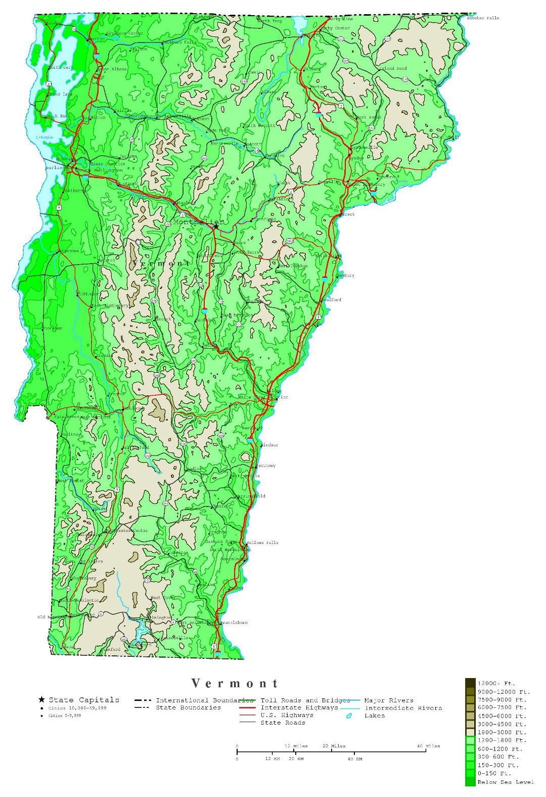 Large detailed elevation map of Vermont state with roads, highways and cities