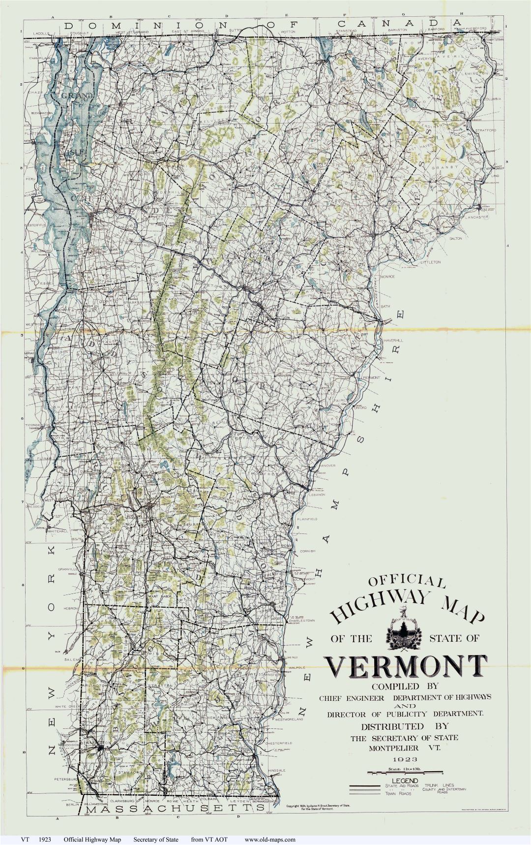 Large scale old highway map of the state of Vermont - 1923