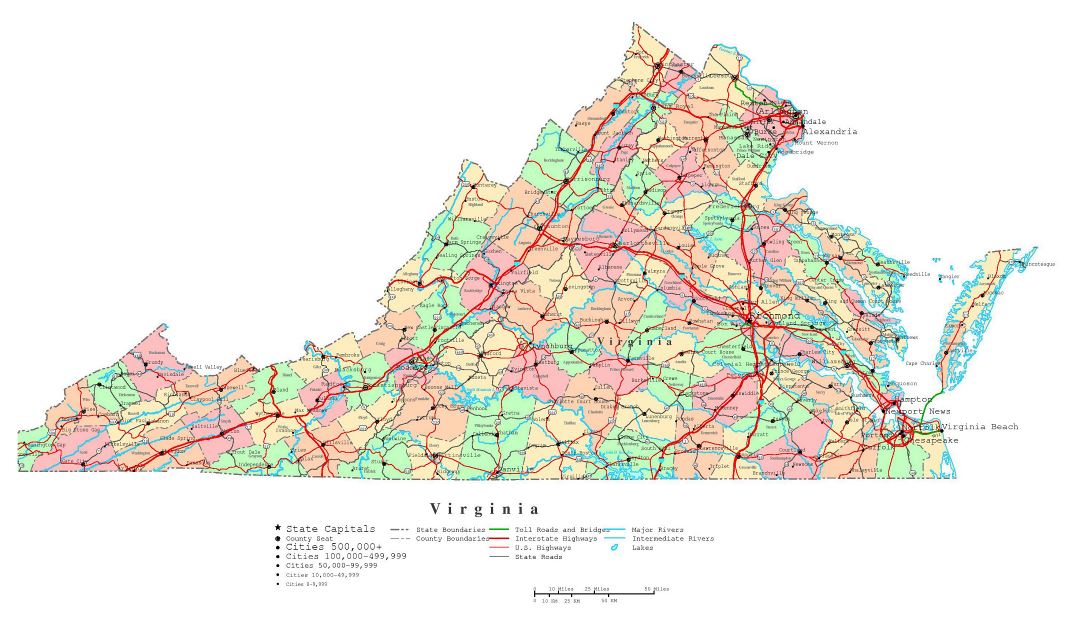 Large detailed administrative map of Virginia state with roads, highways and cities