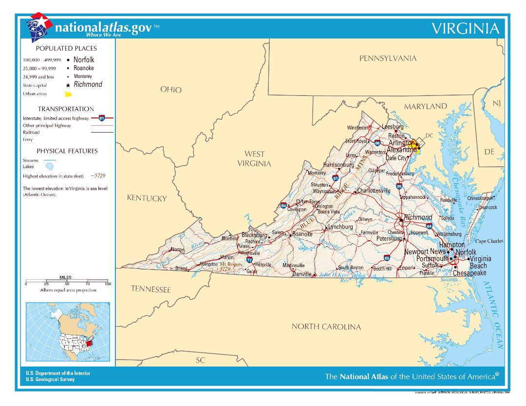 Large detailed map of Virginia state