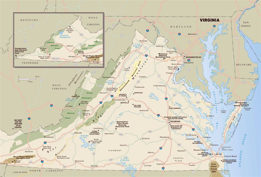 Large detailed map of Virginia state with national parks, highways and major cities