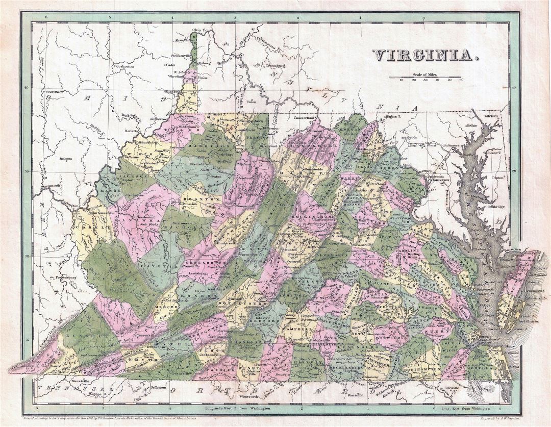 Large detailed old administrative map of Virginia state with relief and other marks - 1838