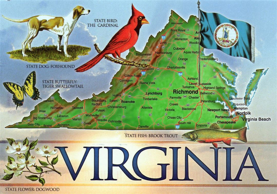 Large tourist illustrated map of the state of Virginia