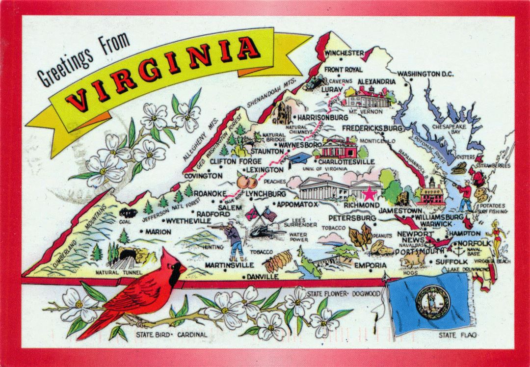 Large tourist illustrated map of Virginia state