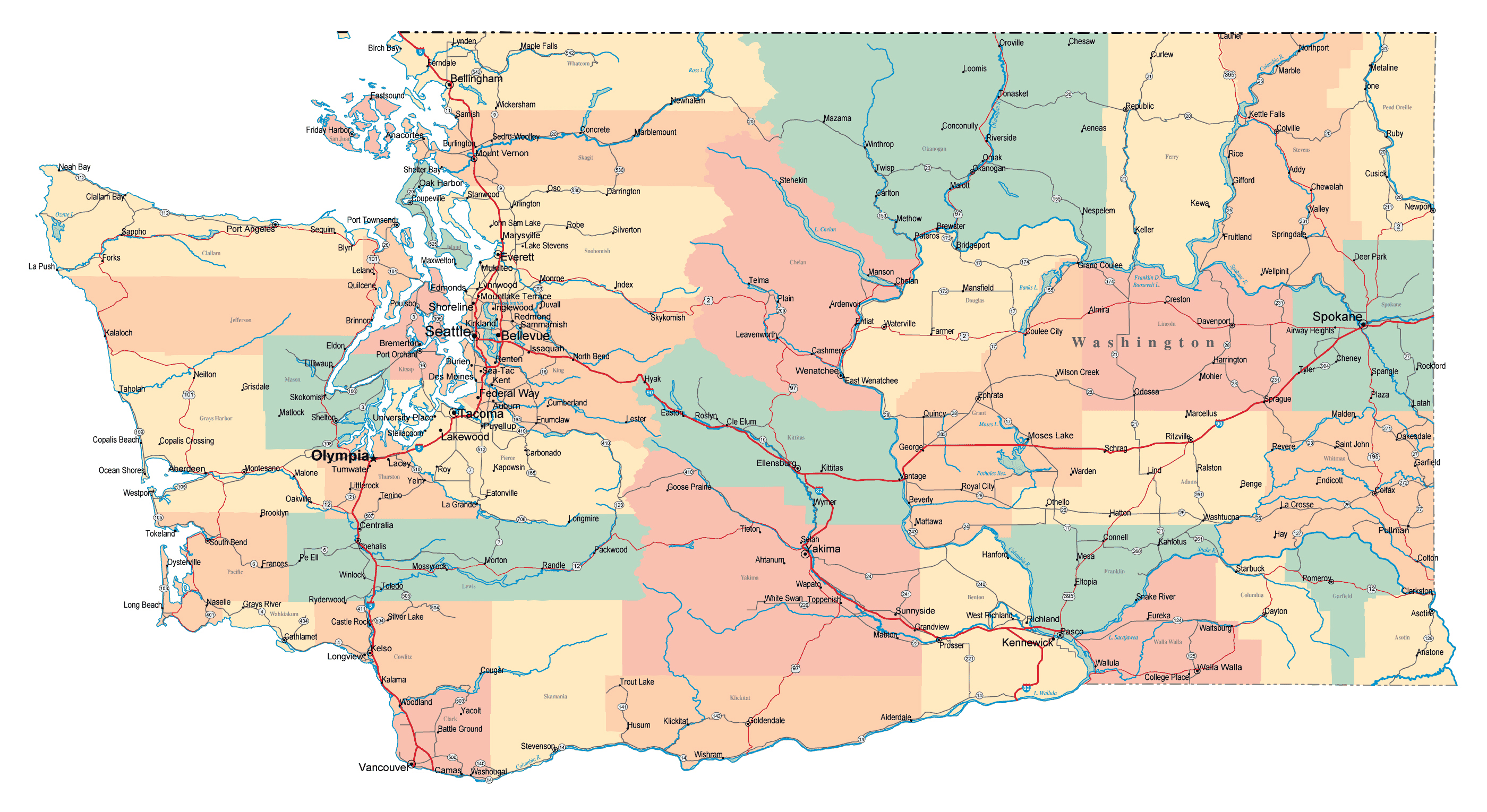 Washington State Map With All Cities Map Vector