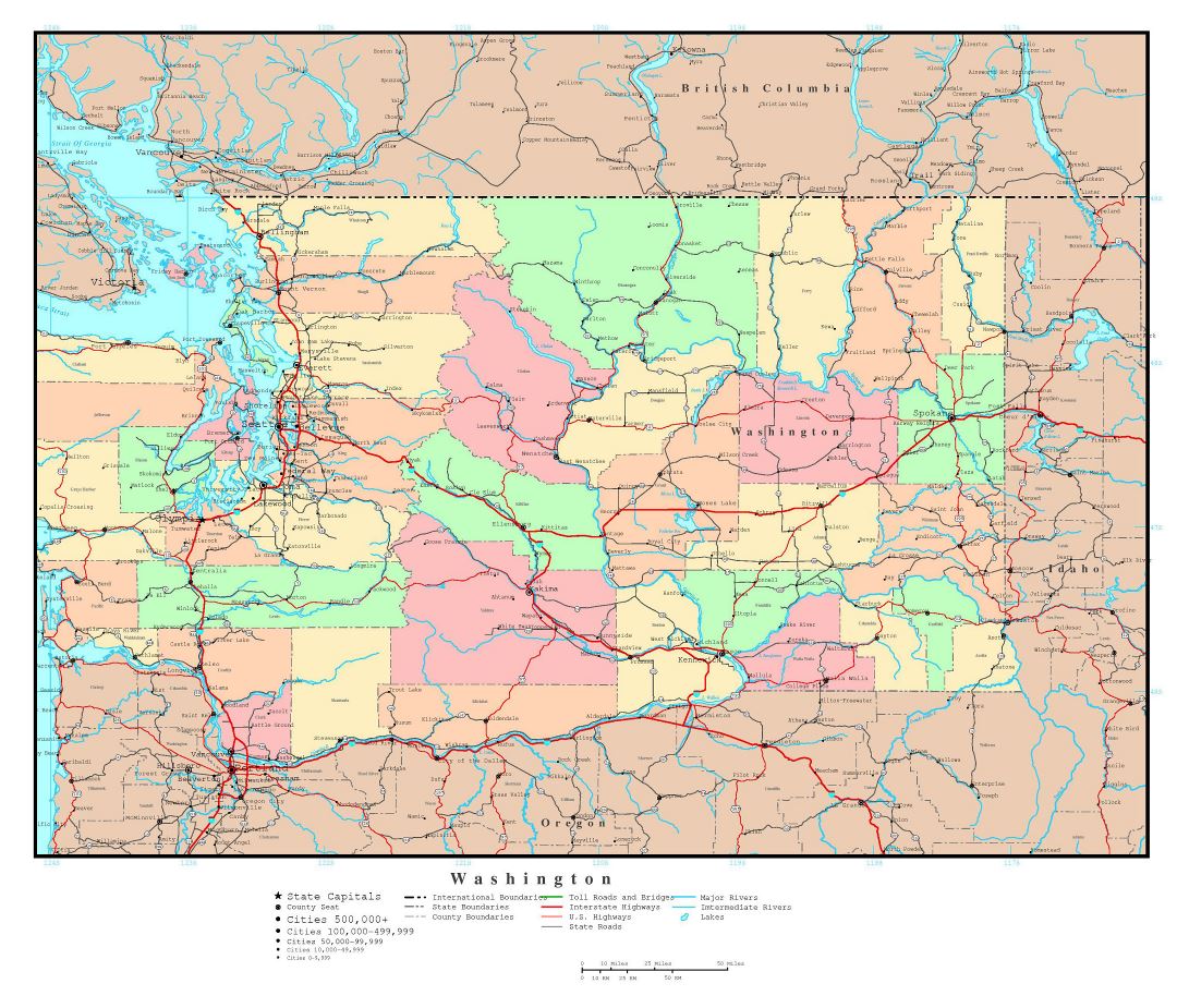 Large detailed administrative map of Washington state with roads, highways and major cities