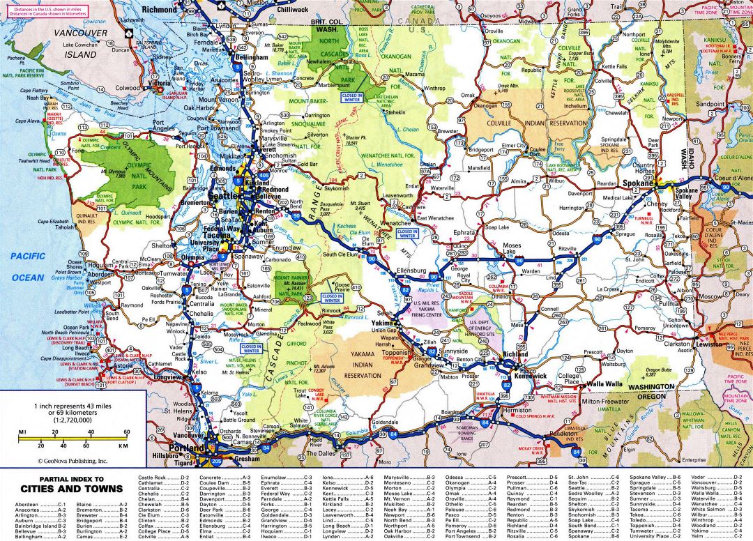 Large detailed roads and highways map of Washington state with all cities and national parks
