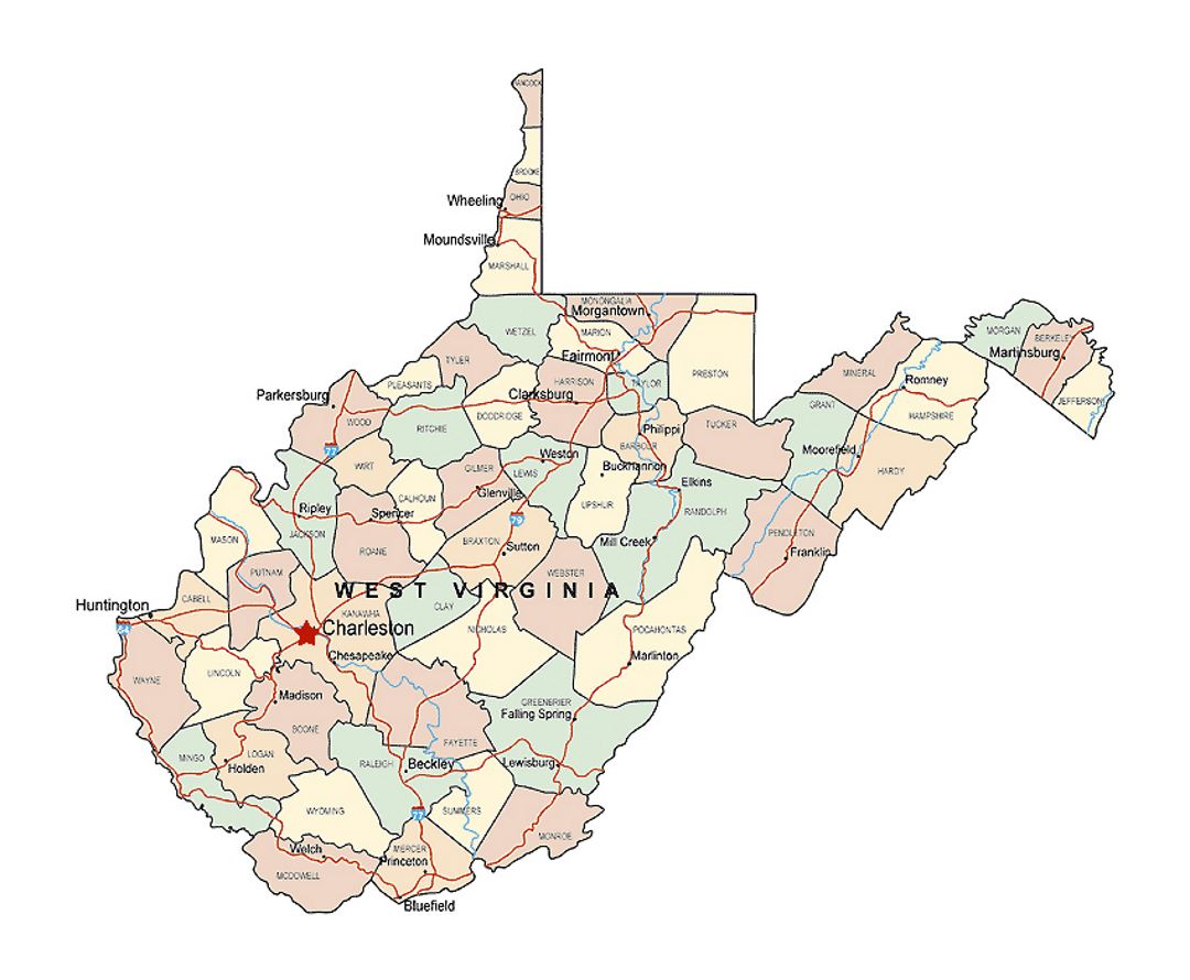 Administrative map of West Virginia state with major cities