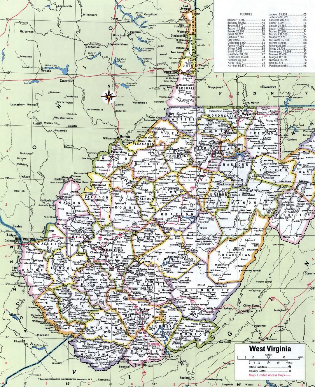Large detailed administrative map of West Virginia state with roads and cities