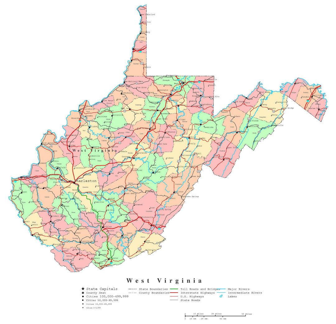 Large detailed administrative map of West Virginia state with roads, highways and cities