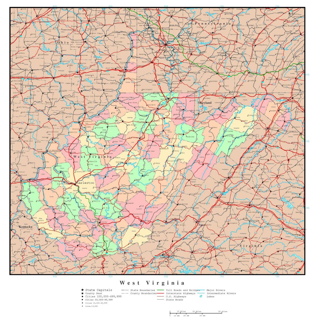 Large detailed administrative map of West Virginia state with roads, highways and major cities