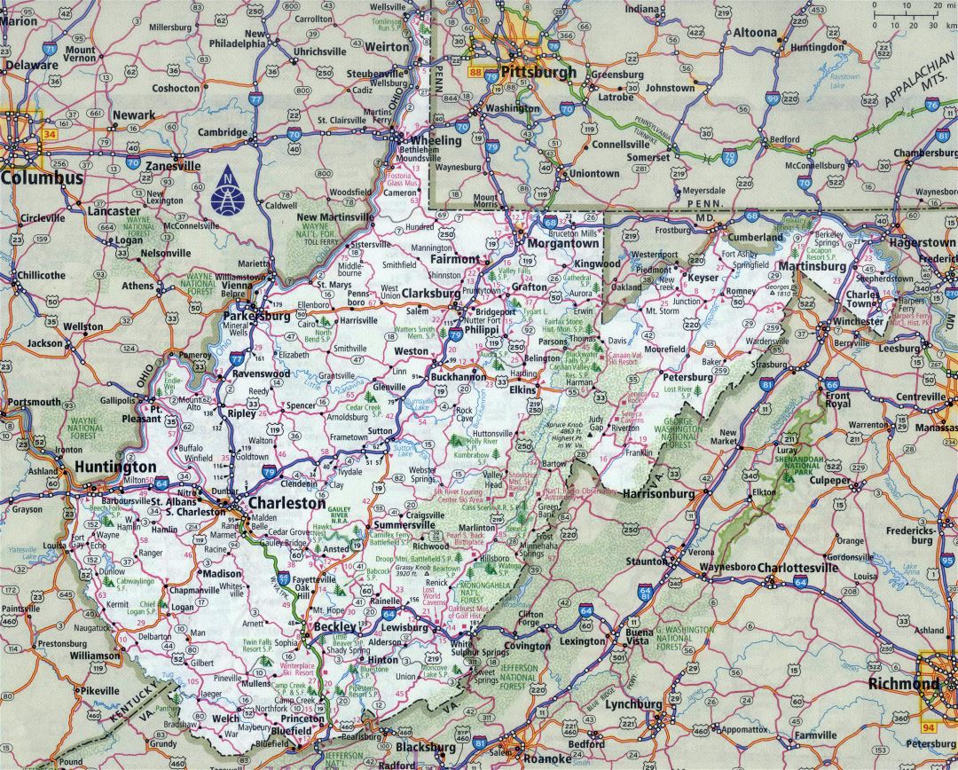 Large detailed roads and highways map of West Virginia state with all cities
