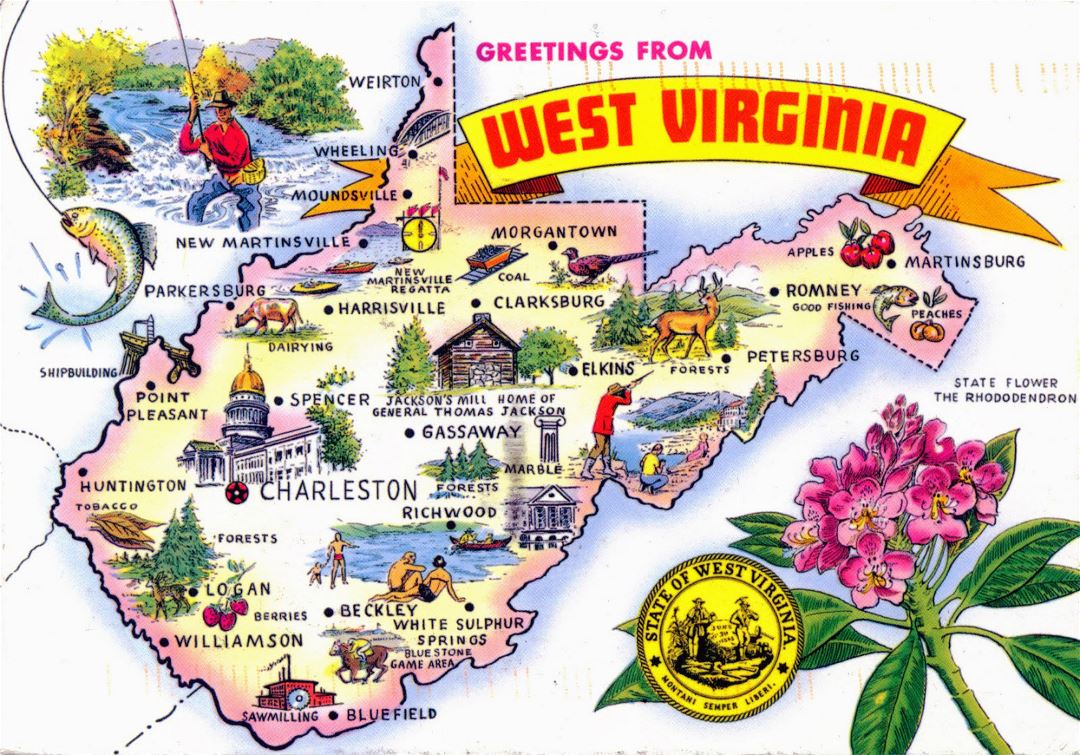 Large tourist illustrated map of West Virginia state