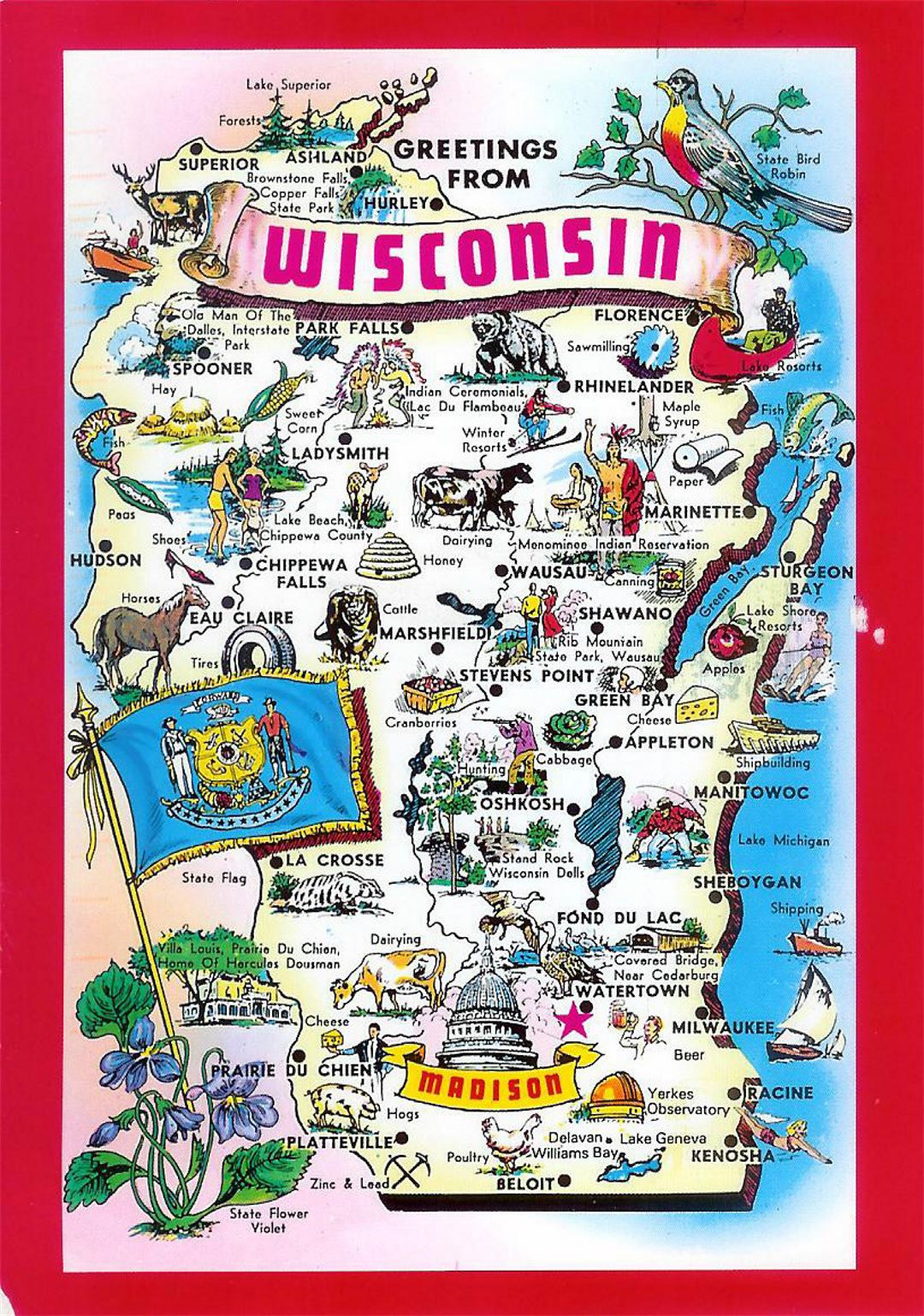 Detailed tourist illustrated map of Wisconsin state