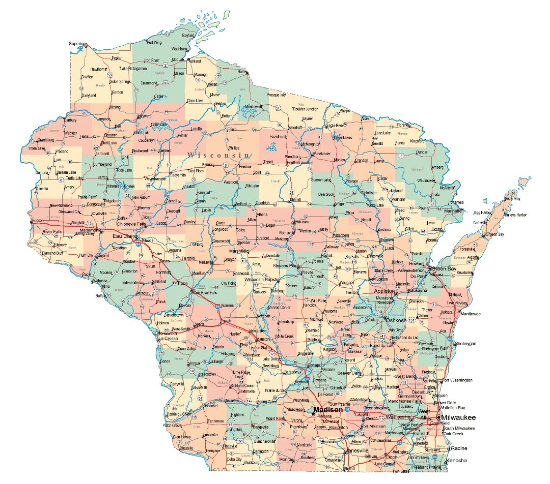 Large administrative map of Wisconsin state with roads, highways and cities