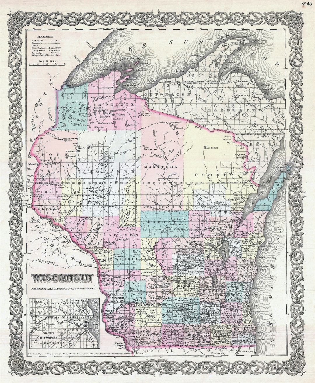 Large detailed old administrative map of Wisconsin state with other marks - 1855
