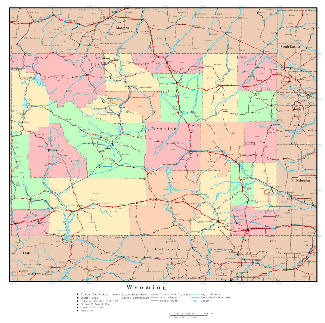 Large detailed administrative map of Wyoming state with roads, highways and major cities