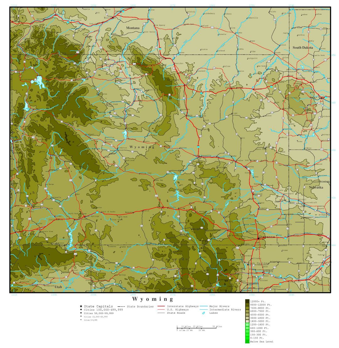 Large detailed elevation map of Wyoming state with roads, highways and cities