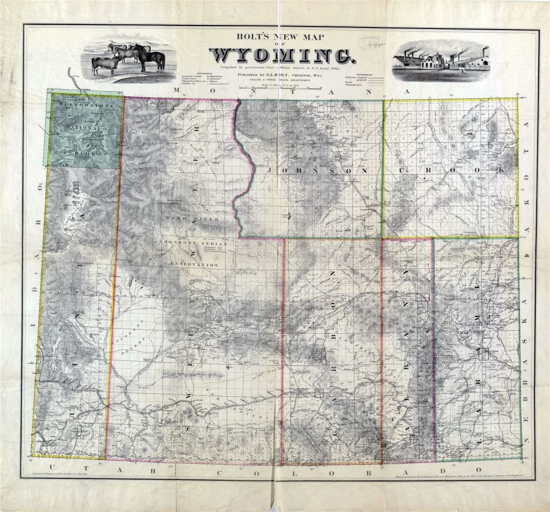 Large detailed old administrative map of Wyoming state with other marks - 1883