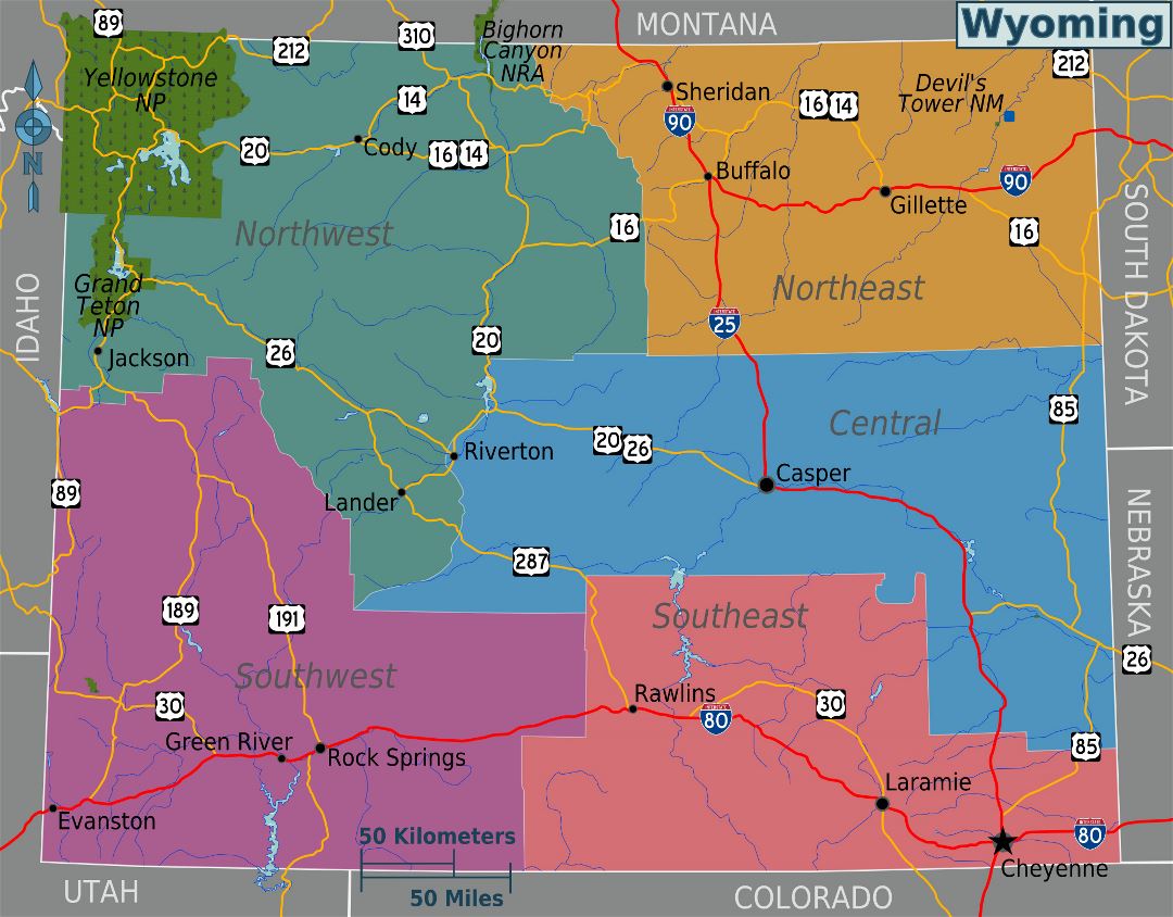 Large regions map of the state of Wyoming